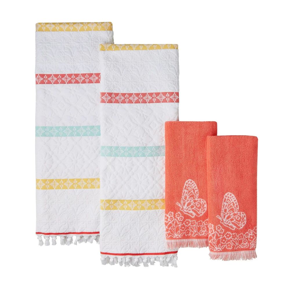 Pioneer Woman Bath Towel Set Sculpted Stripe Velour Coral Bell Butterfly Floral